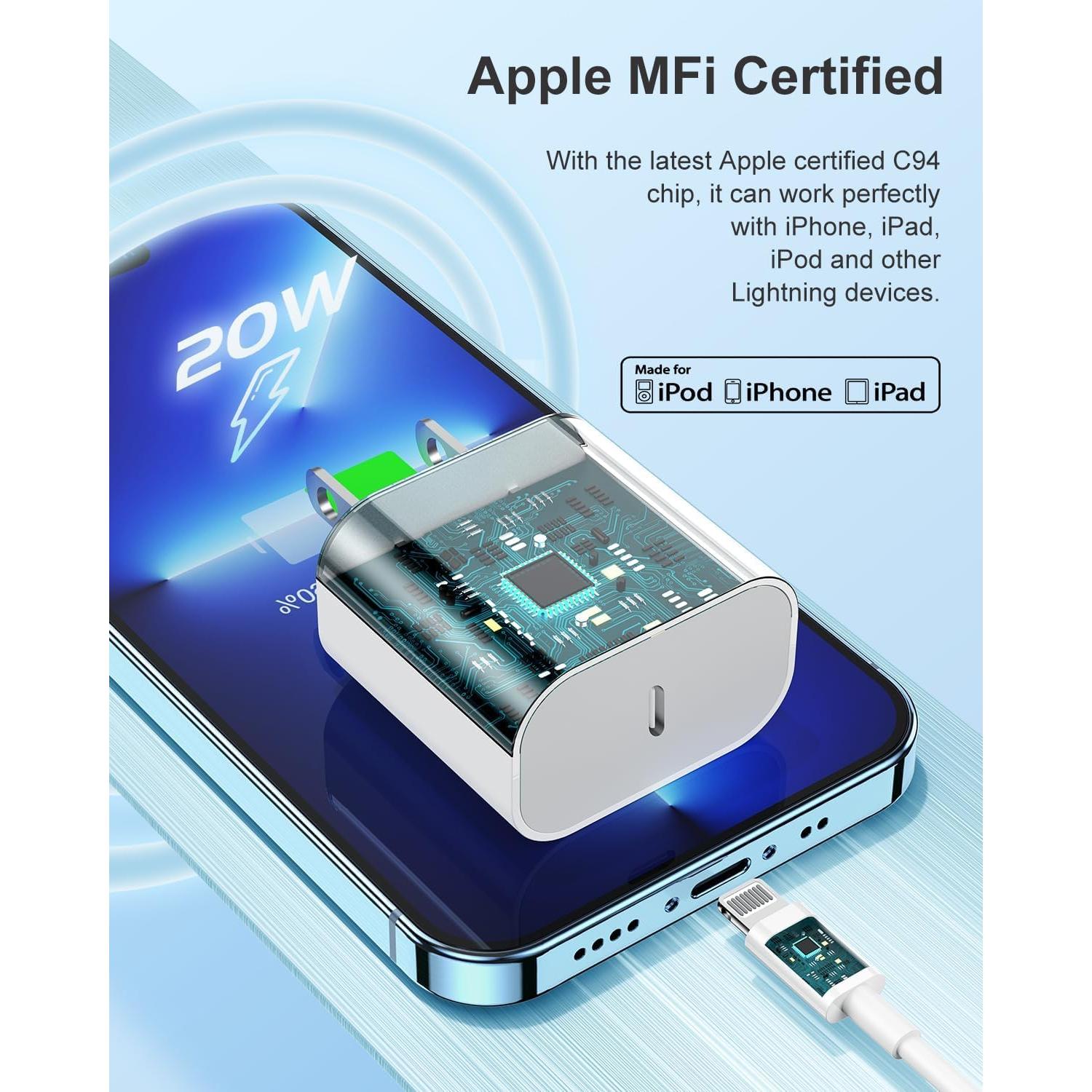 Cargador Rápido 20W USB C Susnwere + Cable 6FT Lightning Blanco