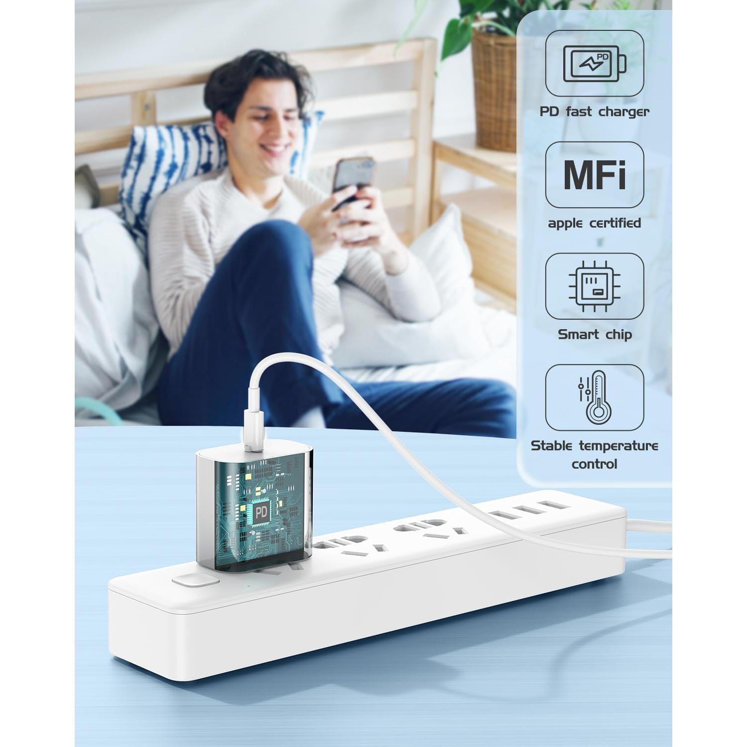 Cargador Rápido 20W USB C Susnwere + Cable 6FT Lightning Blanco