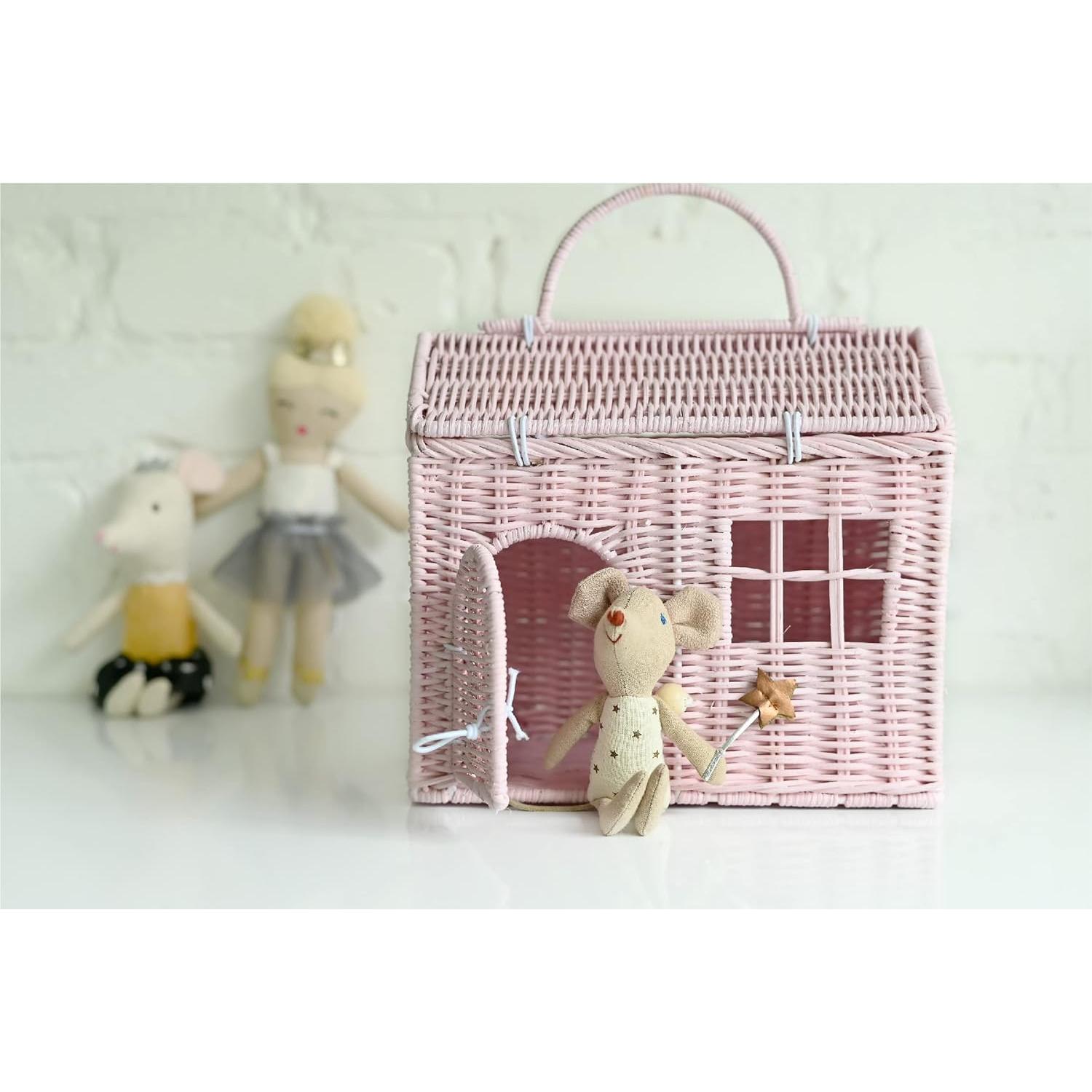 Cesta en forma de casa de ratán Linda Lowe - Rosa 20x20 cm