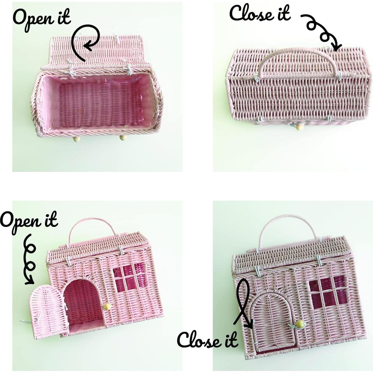 Cesta en forma de casa de ratán Linda Lowe - Rosa 20x20 cm