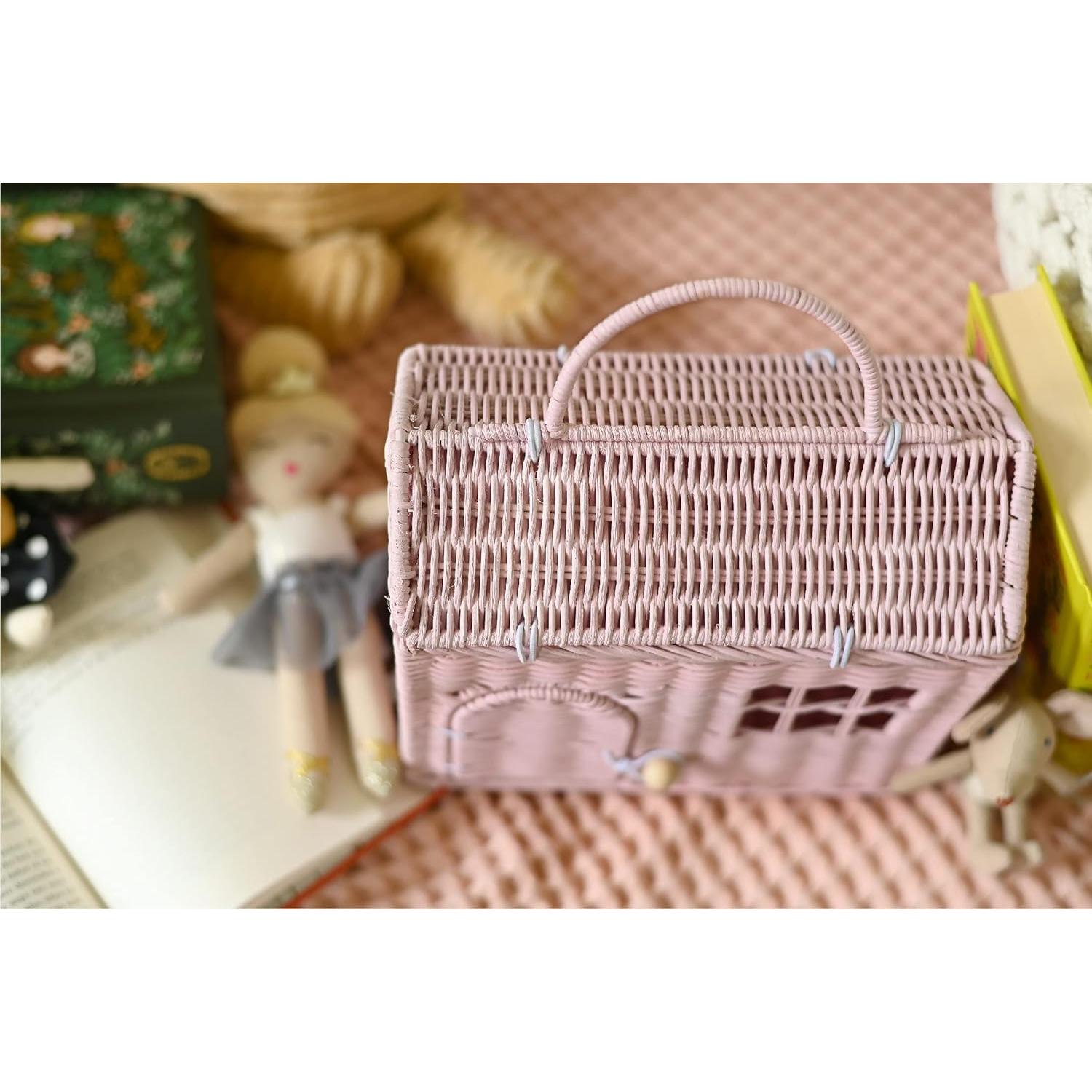 Cesta en forma de casa de ratán Linda Lowe - Rosa 20x20 cm