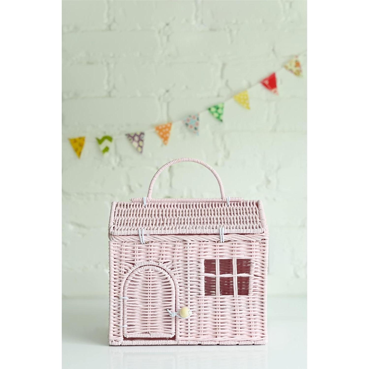Cesta en forma de casa de ratán Linda Lowe - Rosa 20x20 cm