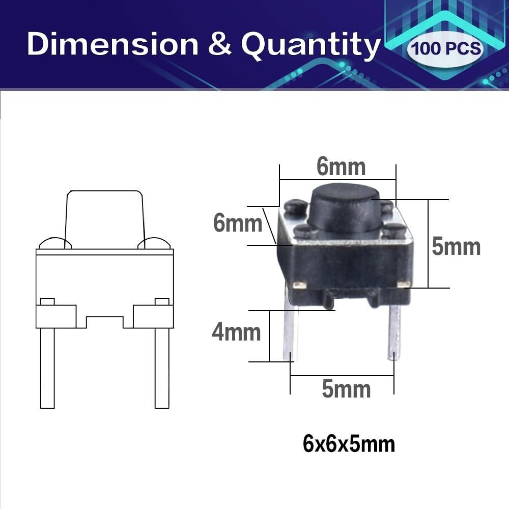 Interruptor Táctil 2 Pines YOUFEN 6x6x5mm 100 Pcs DC 12V