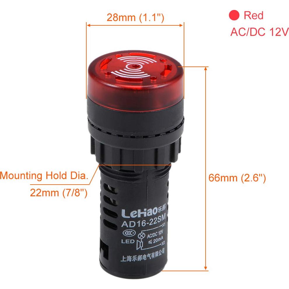 uxcell Red Indicator Light with Buzzer AC/DC 12V, 22mm Panel Mount Flashing Alarm, for Electrical Control Panel, HVAC, DIY Projects