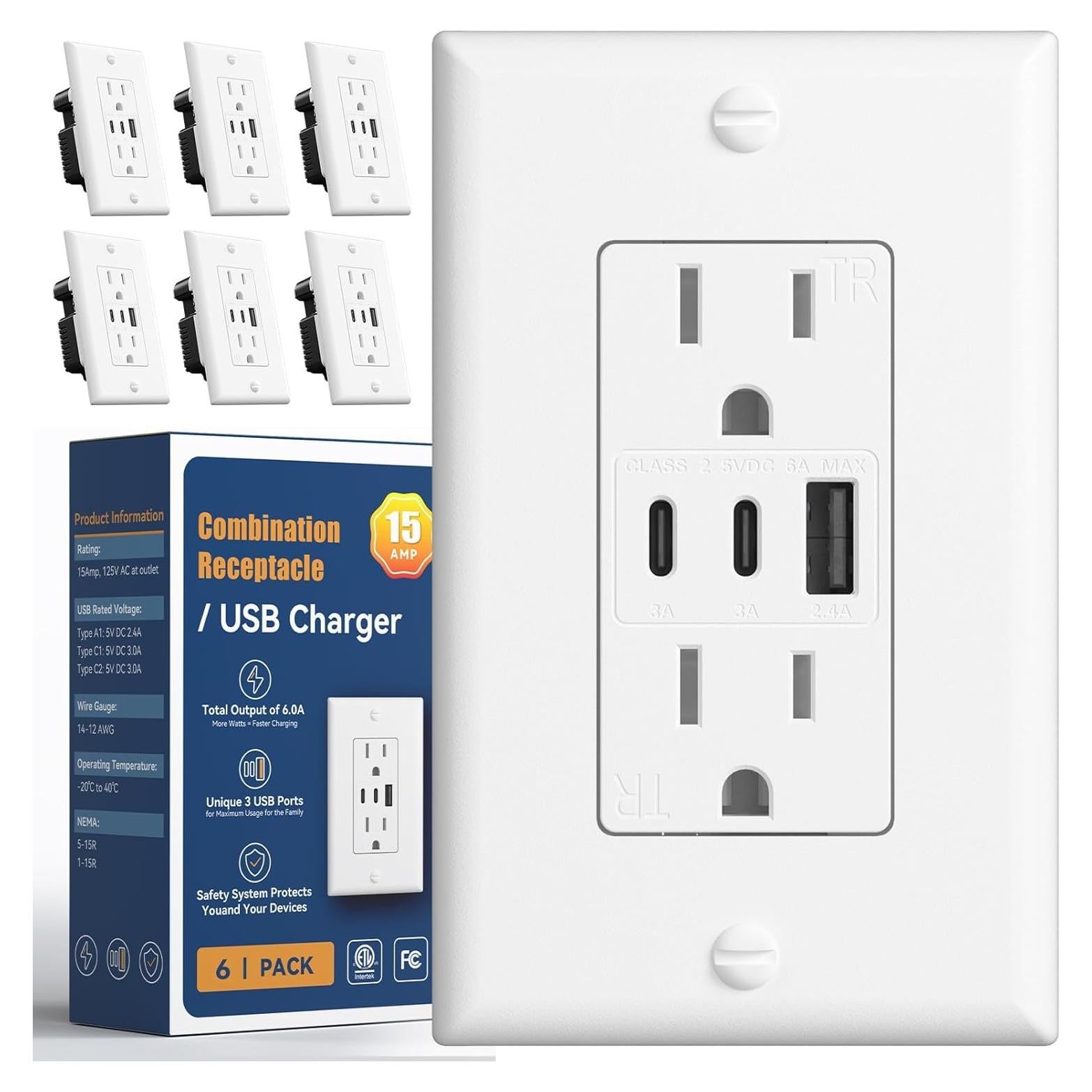 Enchufes de Pared Amico 6 Puertos USB 30W 15A Blanco