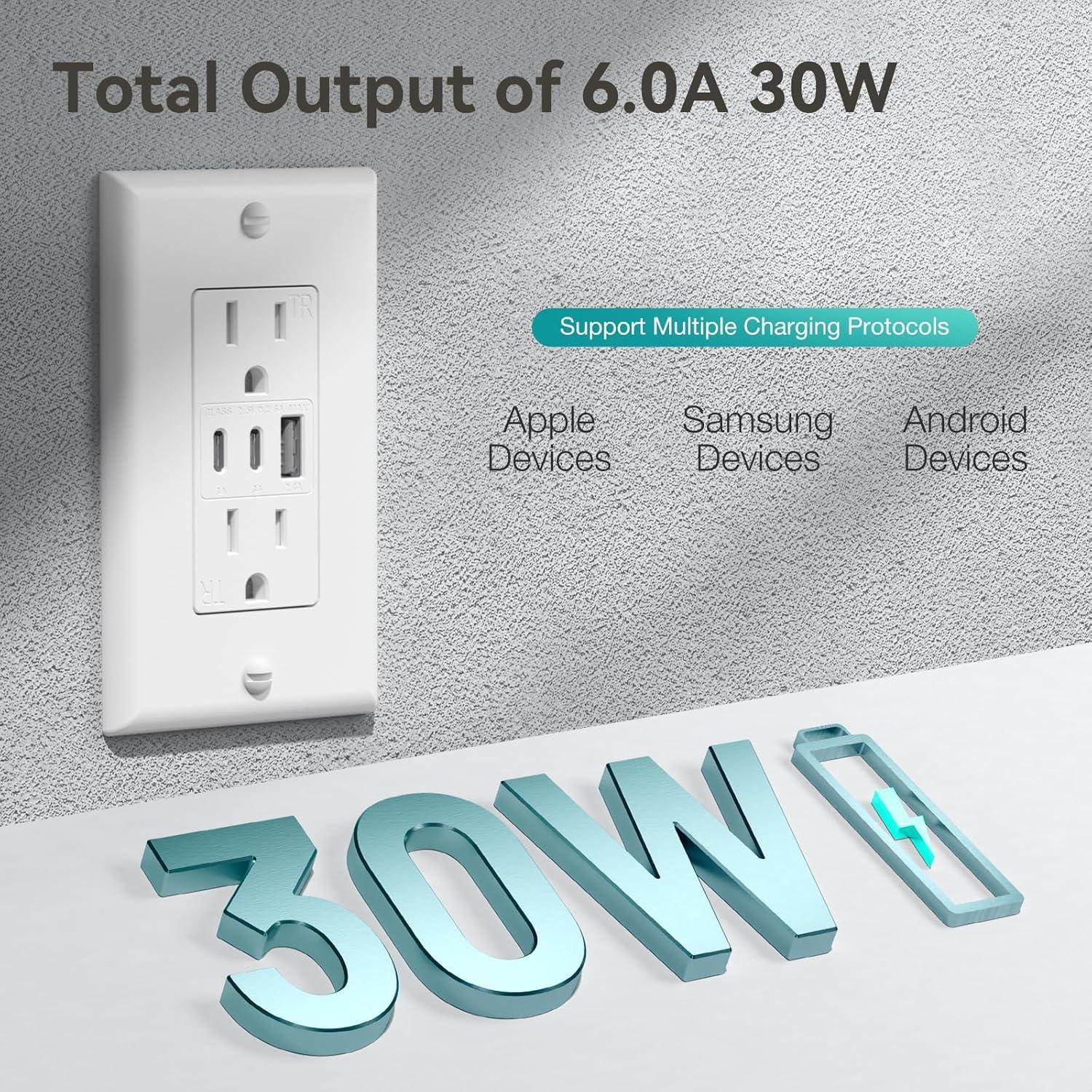 Enchufes de Pared Amico 6 Puertos USB 30W 15A Blanco