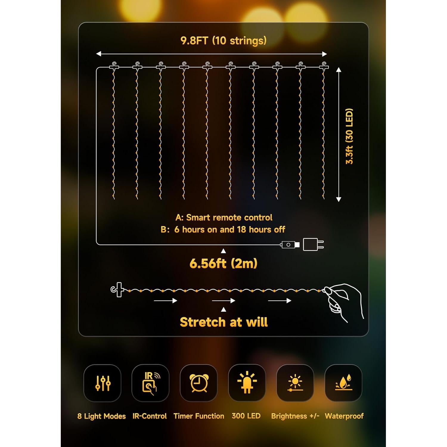 Cortina de Luces LED Brightown 300, 3m x 3m, Control Remoto