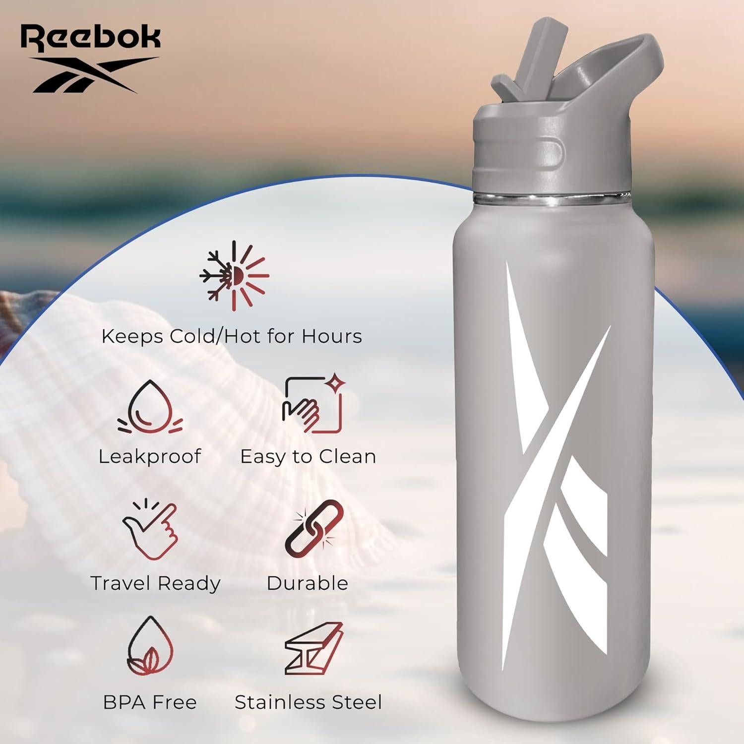 Botella de Agua Reebok 0.95 L Acero Inoxidable con Popote