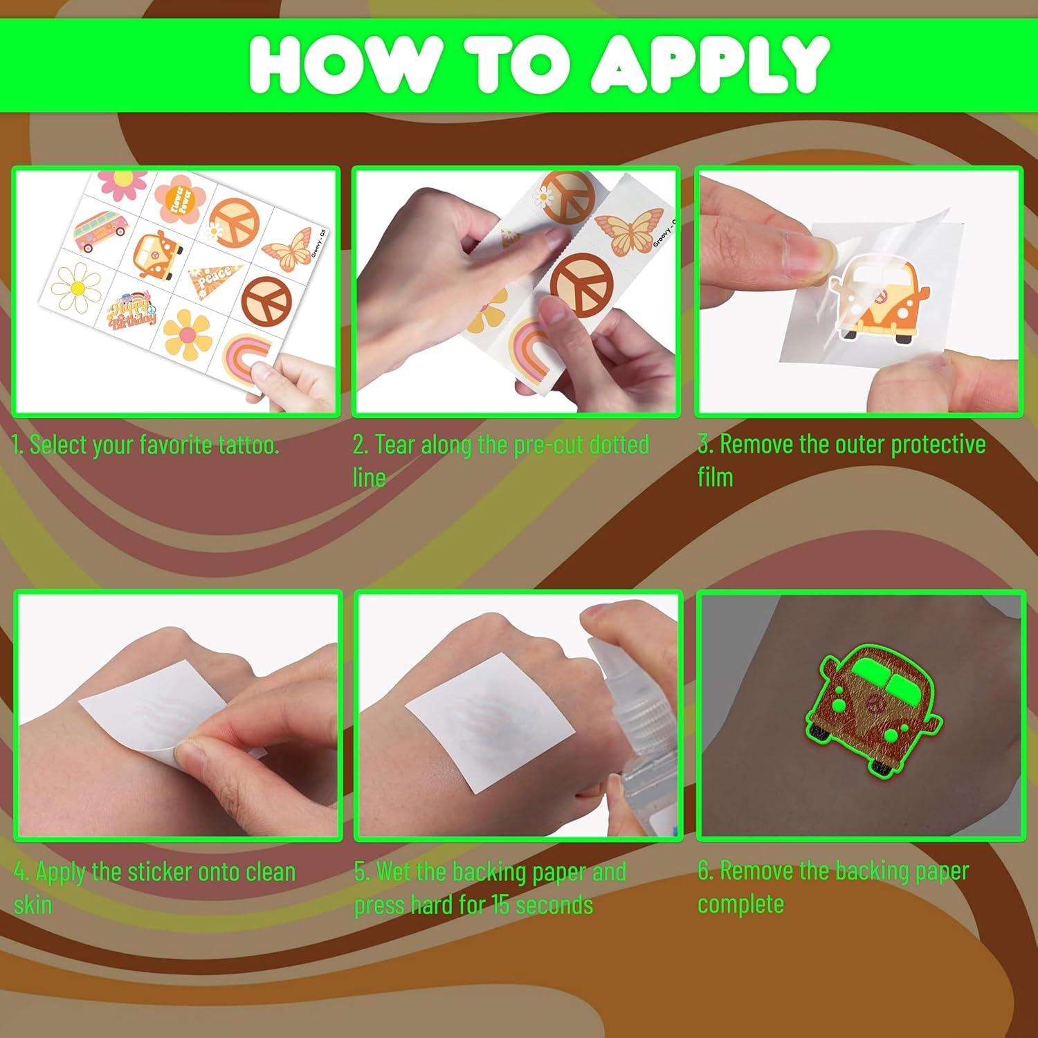 96 Tatuajes Temporales Luminiscentes Uno Dos Groovy 60s 70s