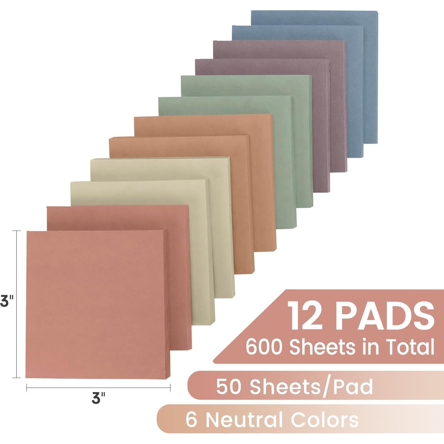Sticky Notes, 12 Pads, 3x3 inches, Aesthetic Vintage Self-Sticky Note Pads, Ideal for Office, Study, and Daily Life Organization - Neutral Colors