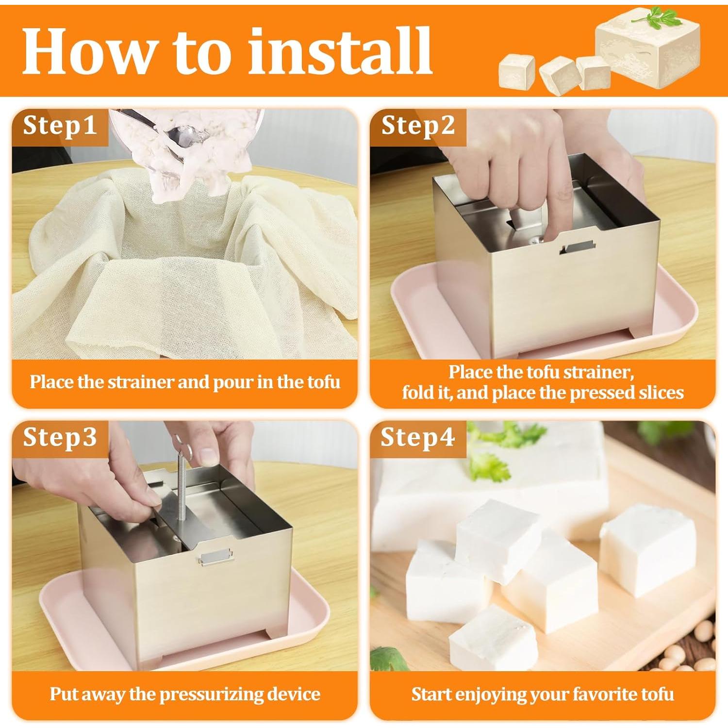 Prensa de Tofu Acero Inoxidable Kandishiex con Bandeja y Tela