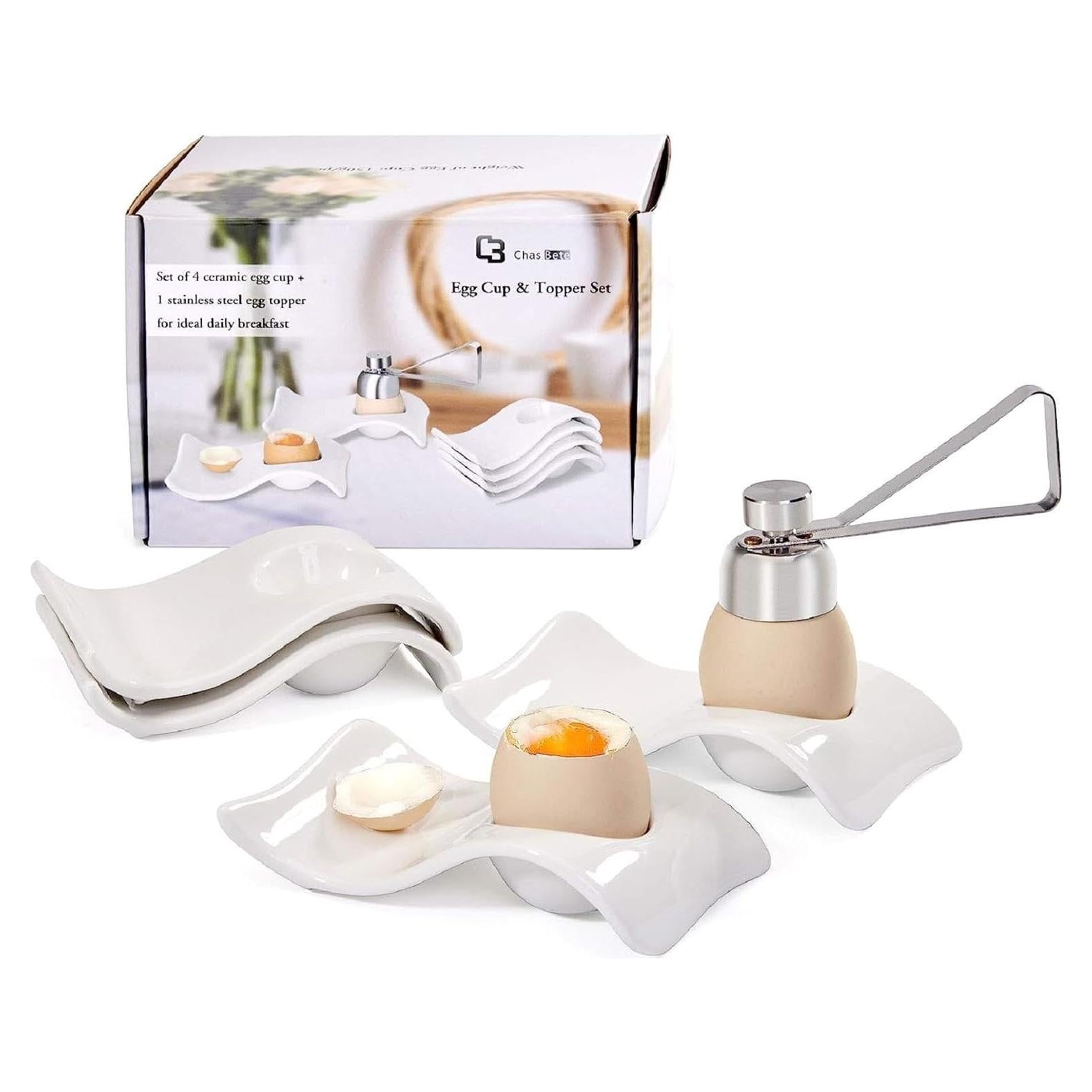 Set de 4 Tazas de Huevo Cerámica ChasBete + Cortador Acero