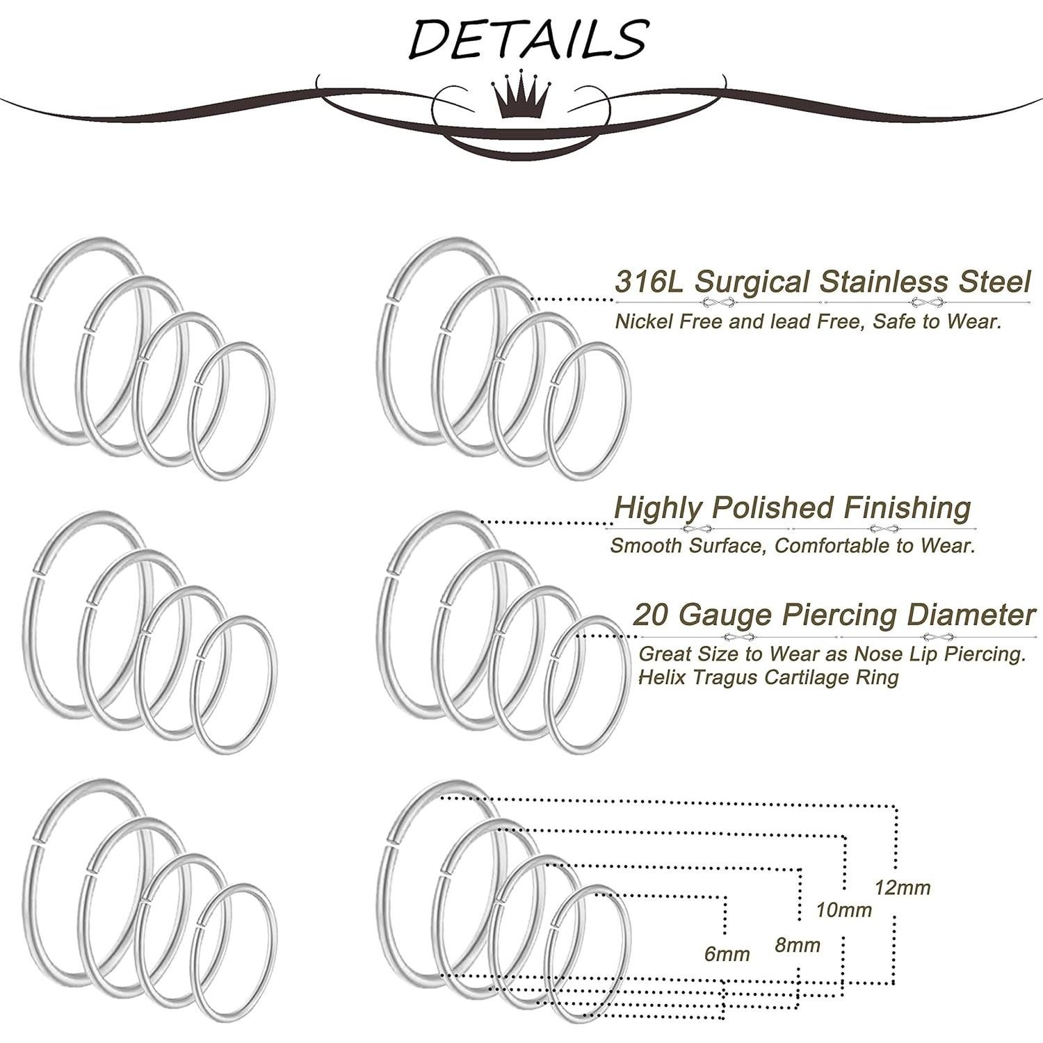 Juego de 24 Aros de Nariz Masedy 20G Acero Inoxidable 6-12mm