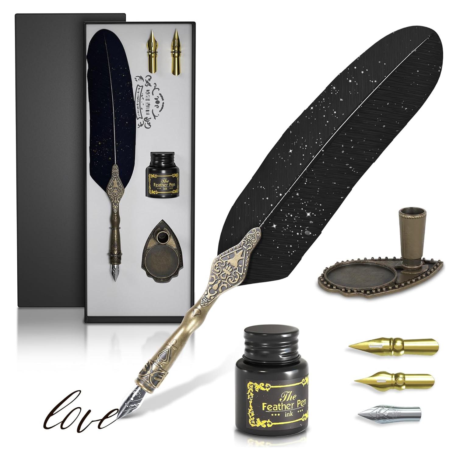 Juego de Pluma y Tinta Negra Lagarto con Soporte Vintage