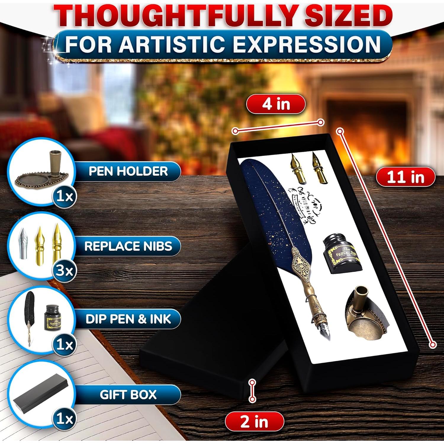 Juego de Pluma y Tinta Negra Lagarto con Soporte Vintage