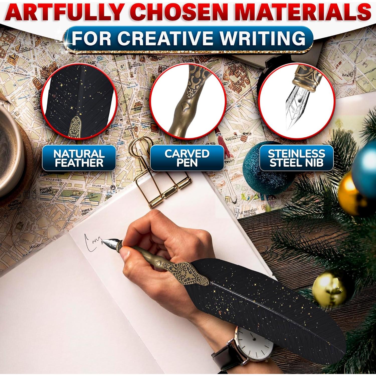 Juego de Pluma y Tinta Negra Lagarto con Soporte Vintage