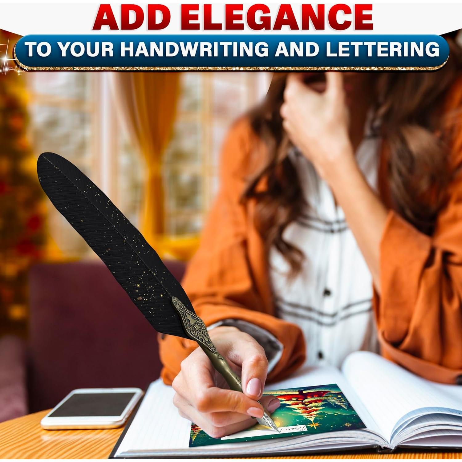 Juego de Pluma y Tinta Negra Lagarto con Soporte Vintage