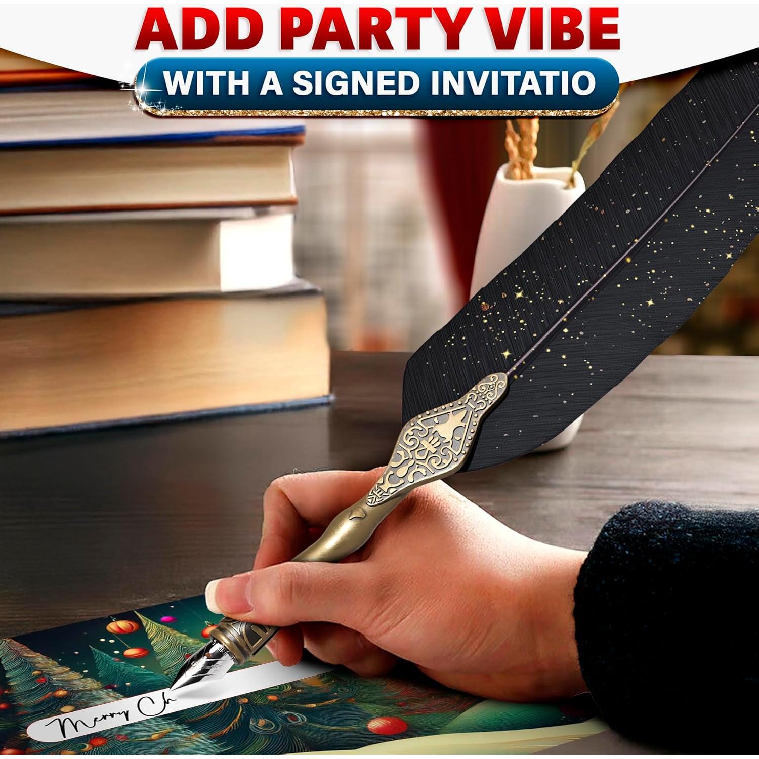 Juego de Pluma y Tinta Negra Lagarto con Soporte Vintage