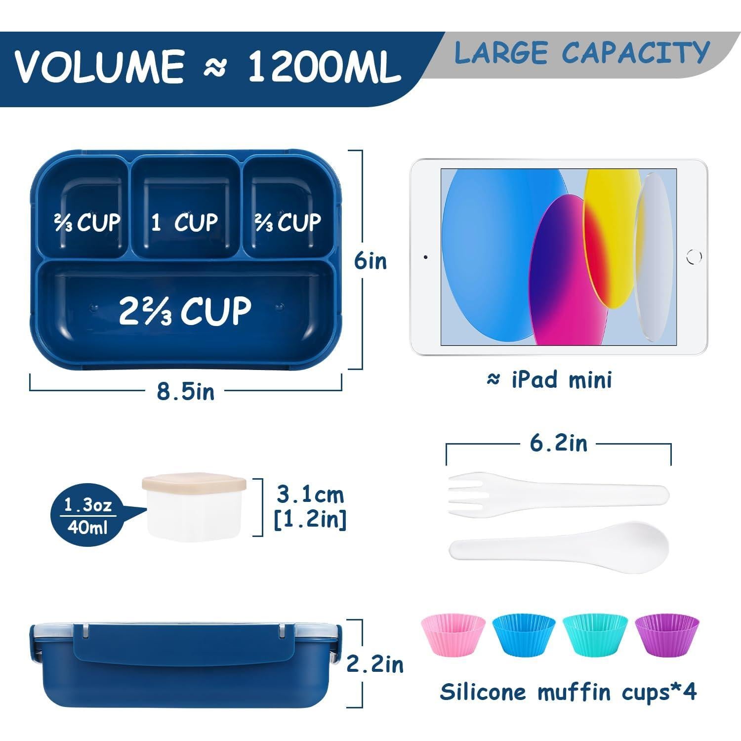 Caja Bento QQKO 1200ml 4 Compartimentos A Prueba de Fugas