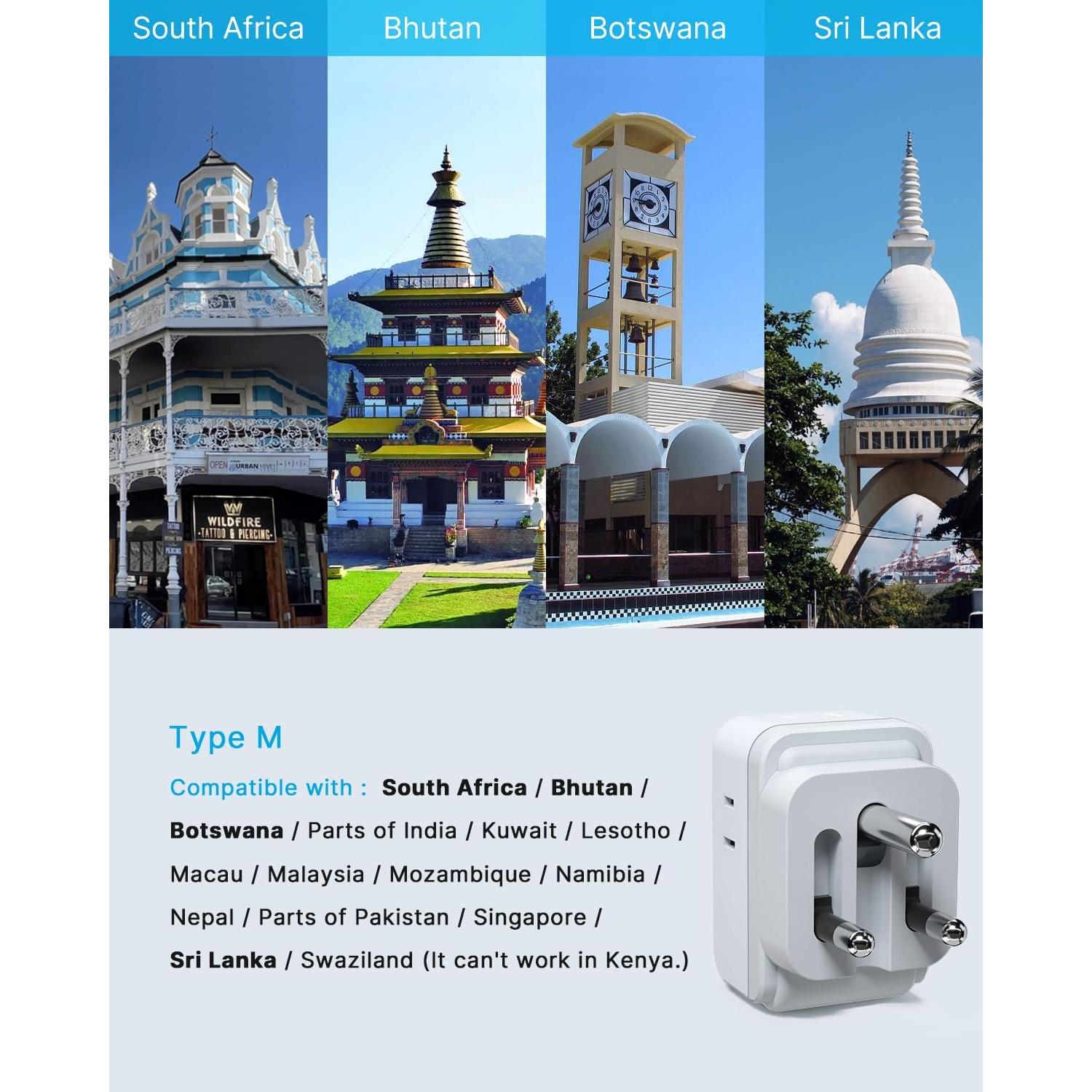 Adaptador de Enchufe Tipo M VINTAR 2 Pack 4 Salidas AC 3 USB