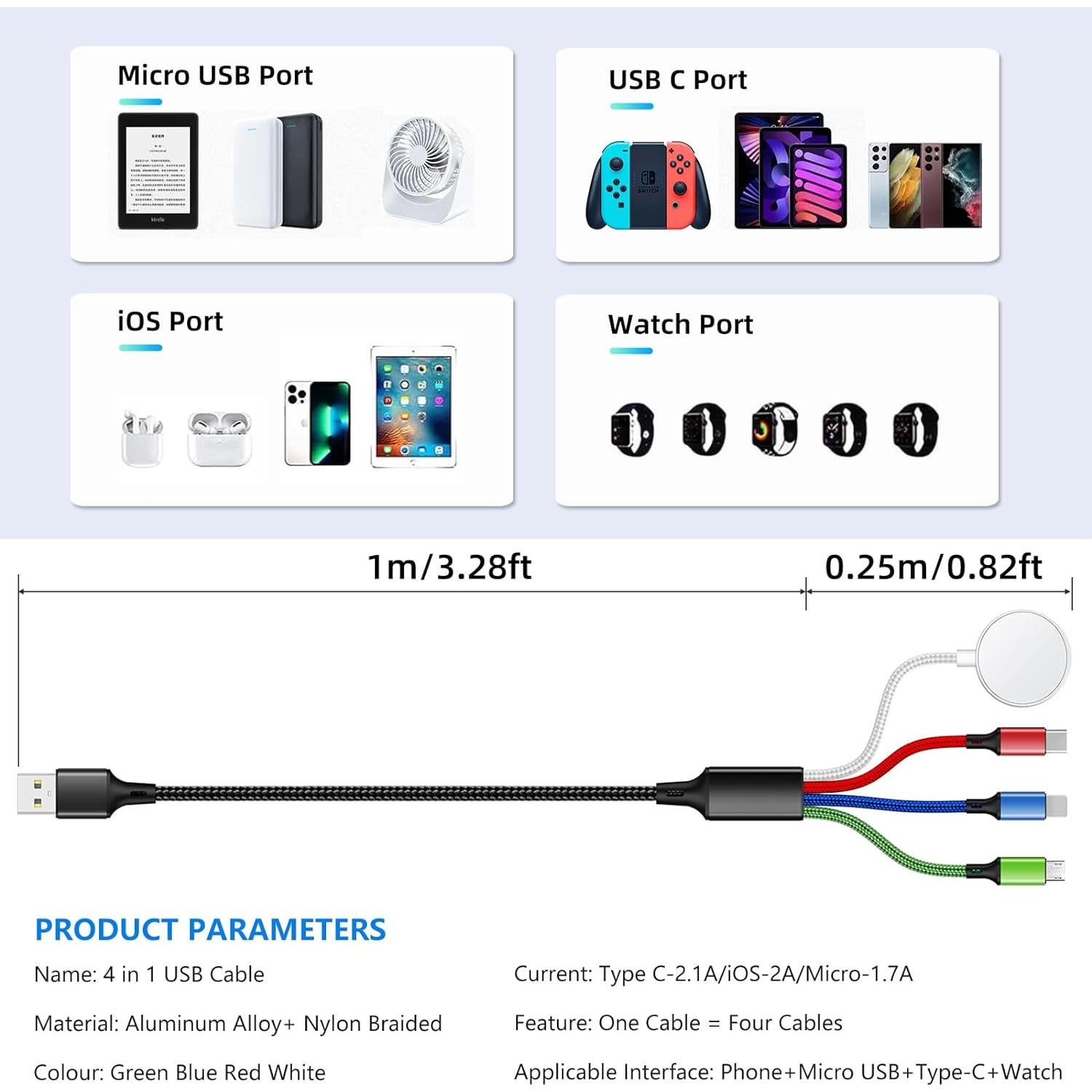 Cargador 4 en 1 Amasuki para iWatch y iPhone 1.22m