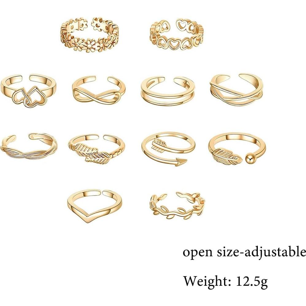 Juego de 12 Anillos para Dedos de los Pies Oro 14K Ajustables