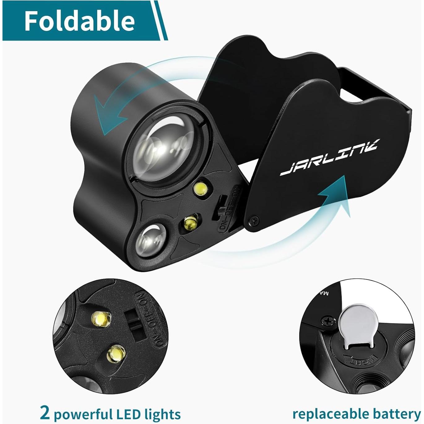 Lupa Joyera JARLINK 30x 60x con Luz LED Plegable Negra
