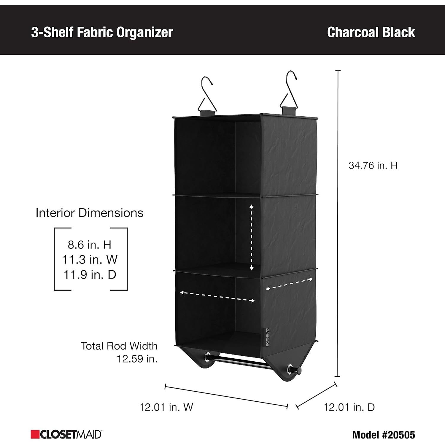 ClosetMaid 3-Shelf Fabric Hanging Closet Organizer with Garment Rod for Shirts, Sweaters, Pants, Hats, Shoes, Purses with Charcoal Black Finish