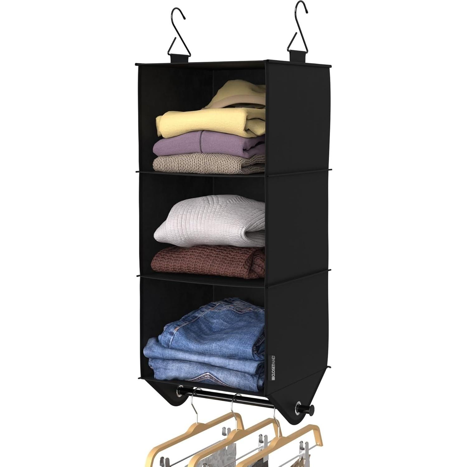 ClosetMaid 3-Shelf Fabric Hanging Closet Organizer with Garment Rod for Shirts, Sweaters, Pants, Hats, Shoes, Purses with Charcoal Black Finish