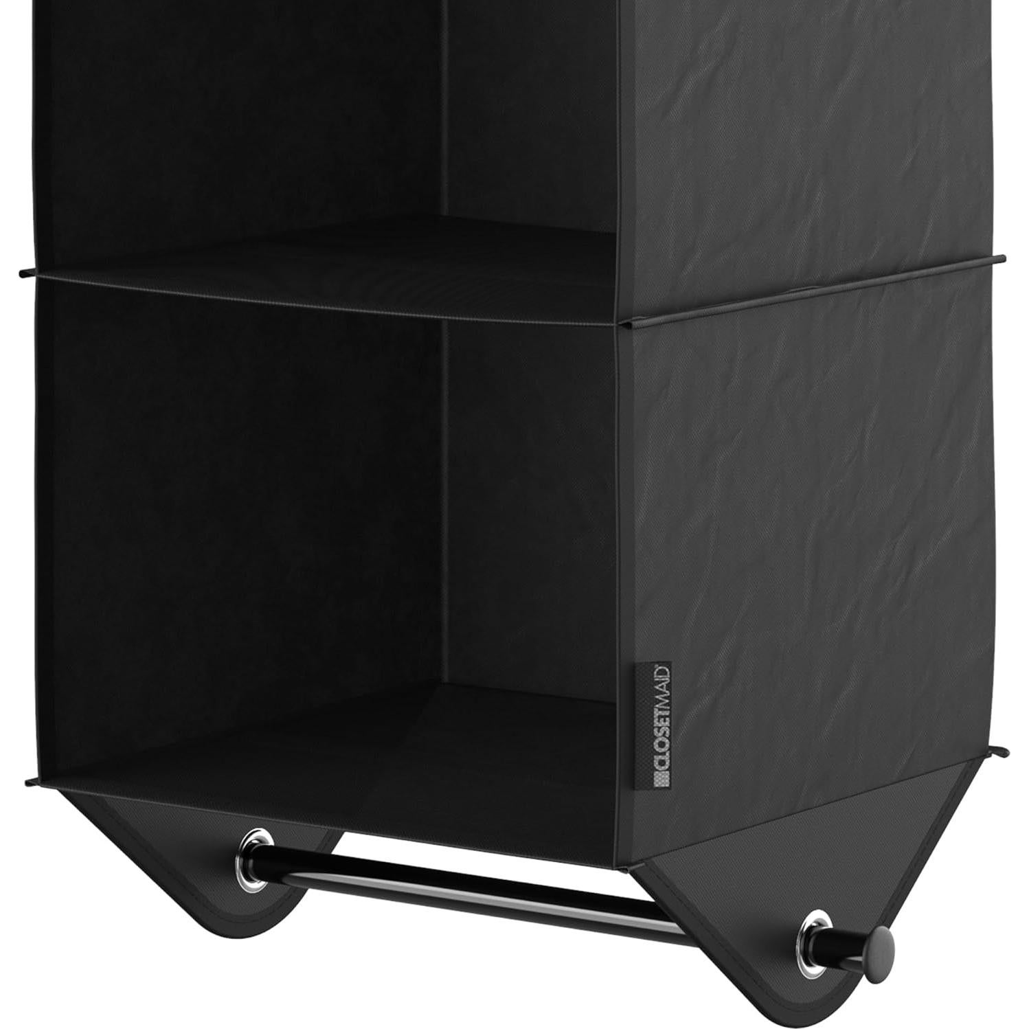 ClosetMaid 3-Shelf Fabric Hanging Closet Organizer with Garment Rod for Shirts, Sweaters, Pants, Hats, Shoes, Purses with Charcoal Black Finish