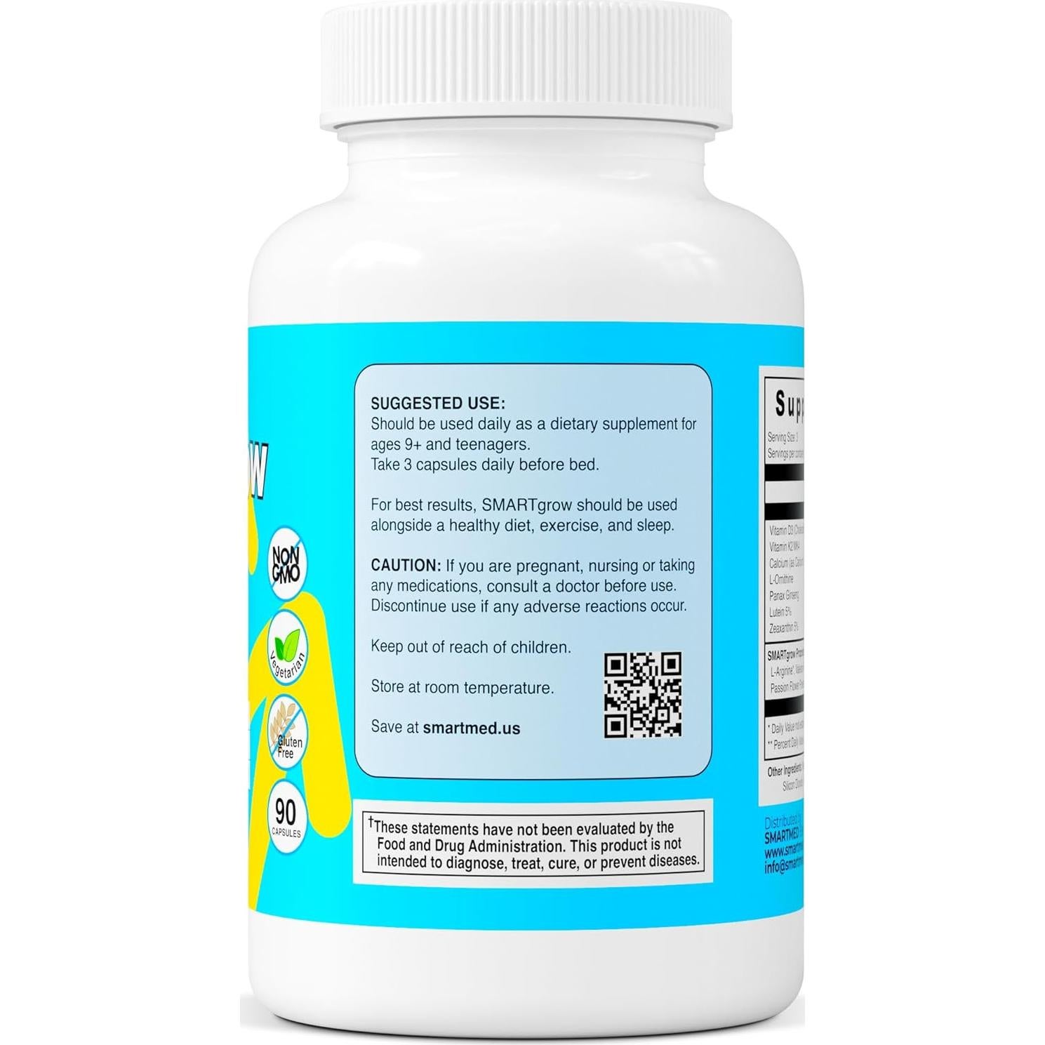 SMARTGROW Suplemento Crecimiento Premium 90 Cápsulas - Calcio, Vitamina D3, Aminoácidos