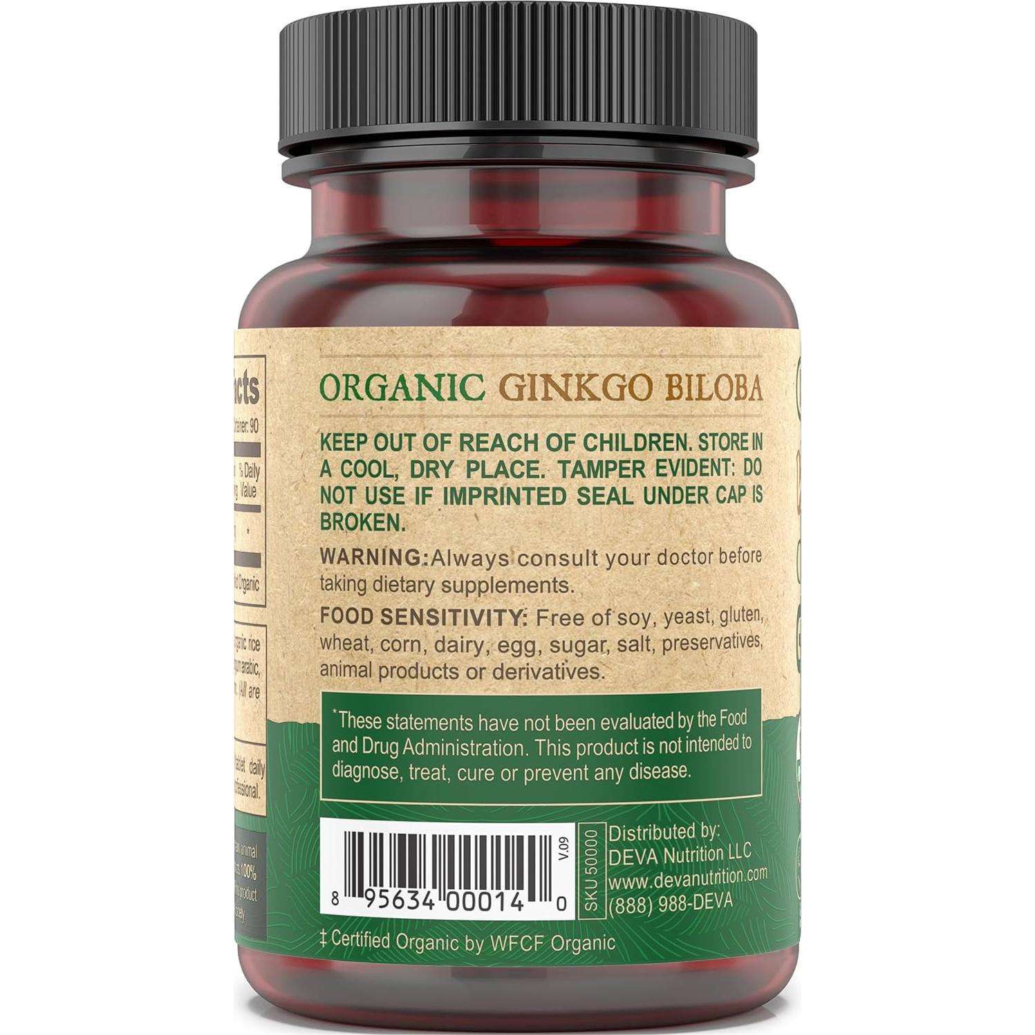 Suplemento Dietético Vegano Ginkgo Biloba DEVA 300 mg 90 Tabletas