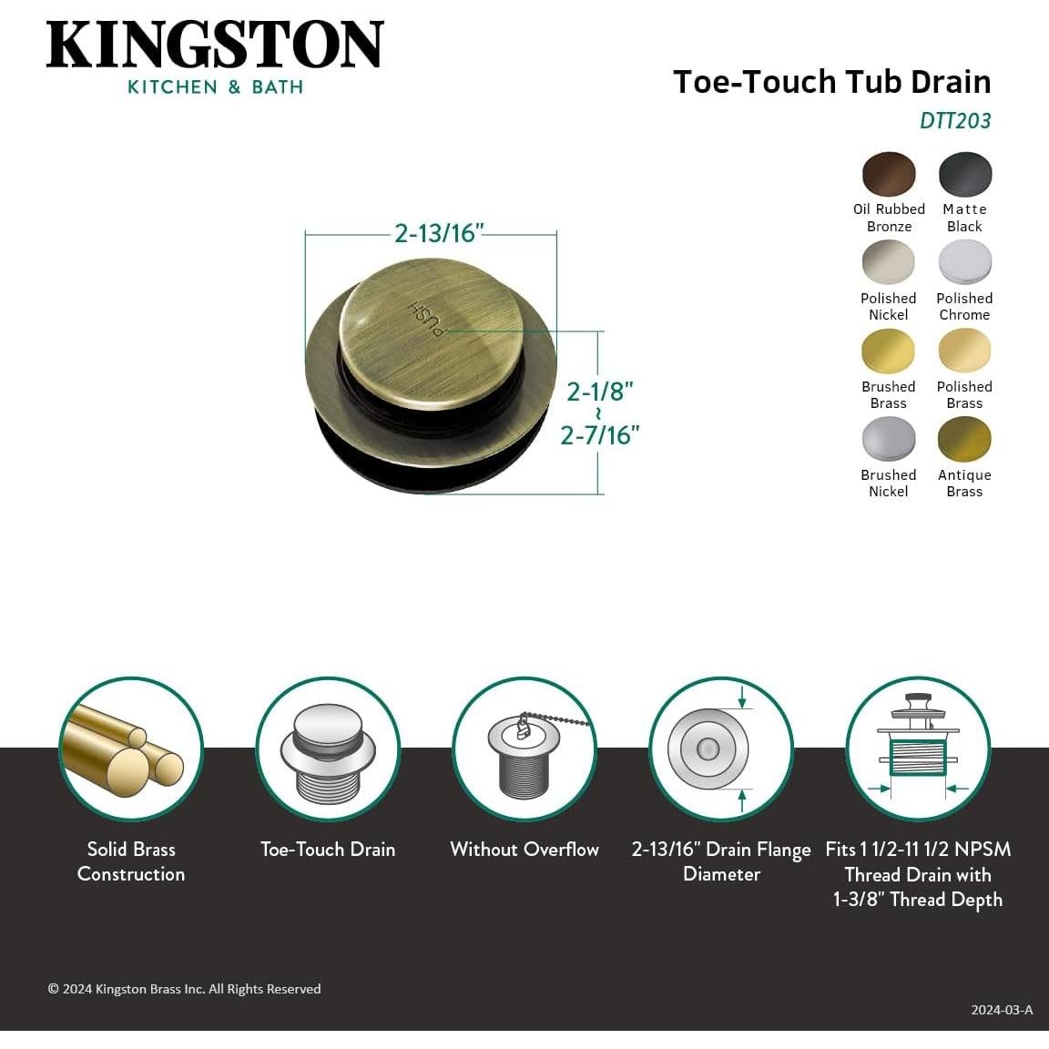 Desagüe de bañera Tip-Toe Kingston Brass DTT203 Latón Antiguo