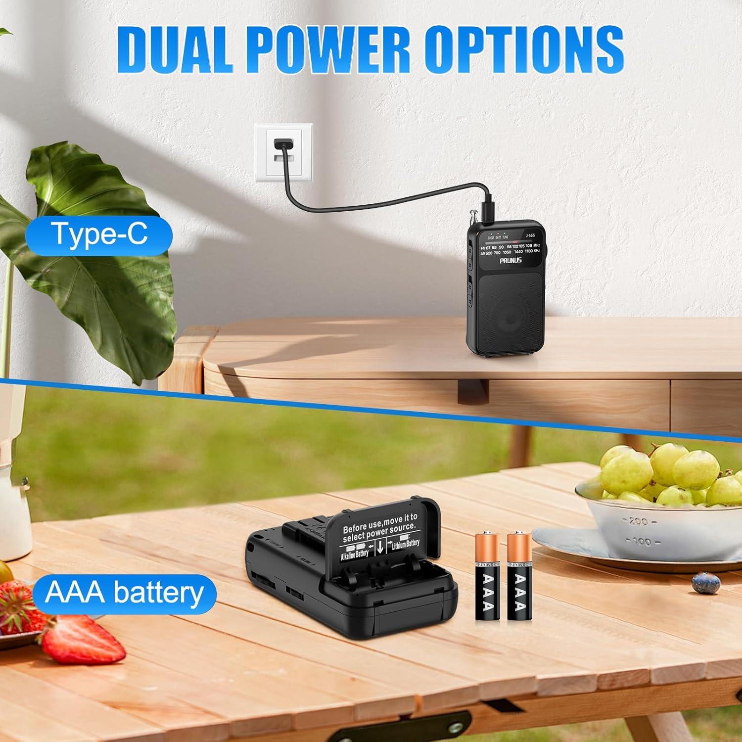 Radio de bolsillo PRUNUS J-555 AM FM USB-C con linterna