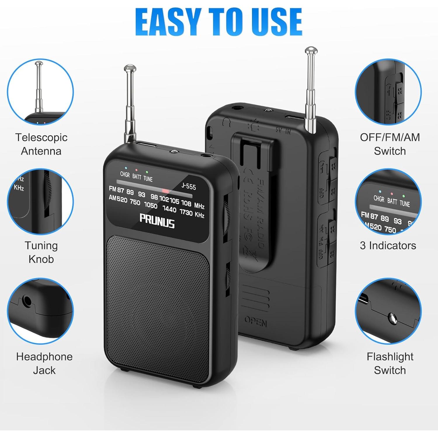 Radio de bolsillo PRUNUS J-555 AM FM USB-C con linterna