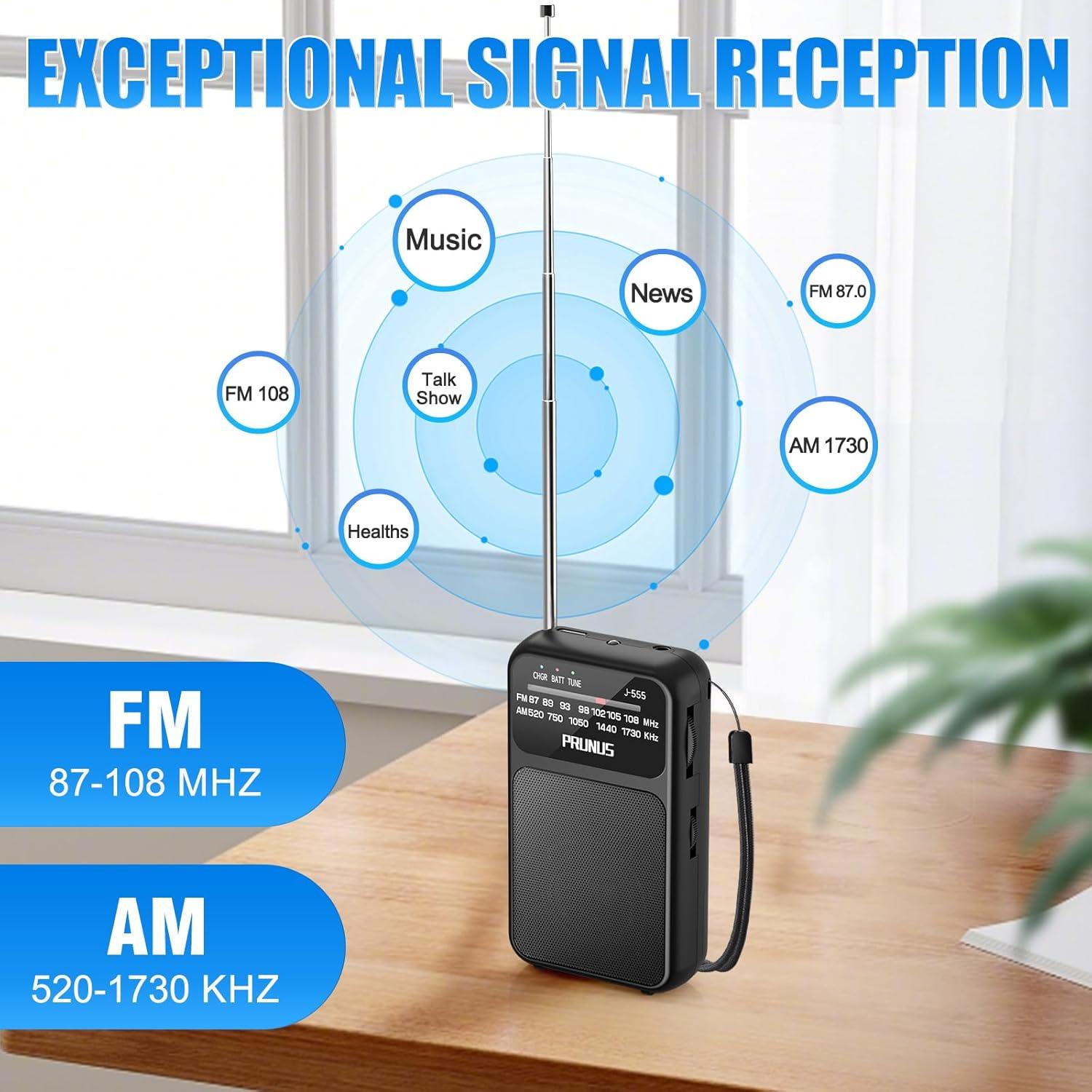 Radio de bolsillo PRUNUS J-555 AM FM USB-C con linterna