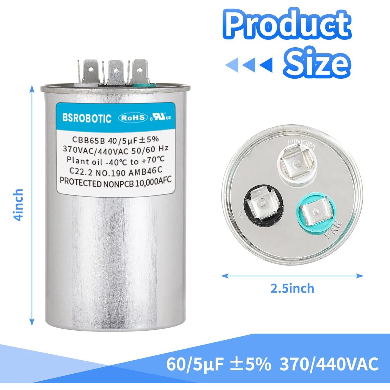 Capacitor AC CBB65B 40+5 uF 370/440V Doble Función