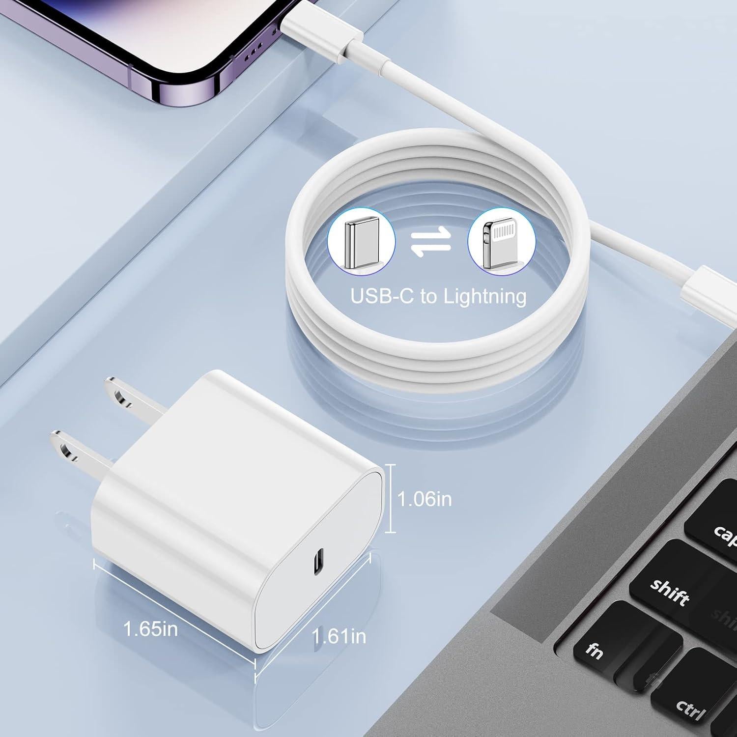 Cargador Rápido USB C 20W + Cable Lightning 1.8m - Blanco