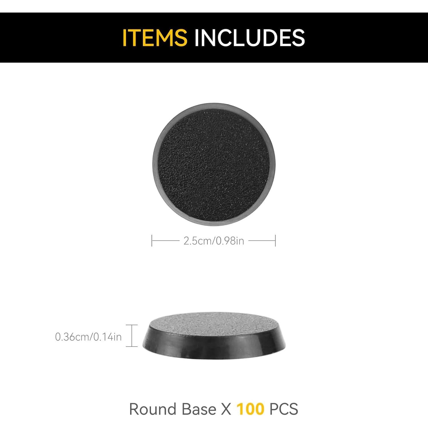 100 Bases Redondas Miniatura Plástico Texturizado Negro 25mm