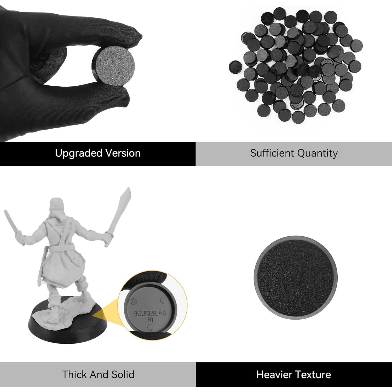 100 Bases Redondas Miniatura Plástico Texturizado Negro 25mm