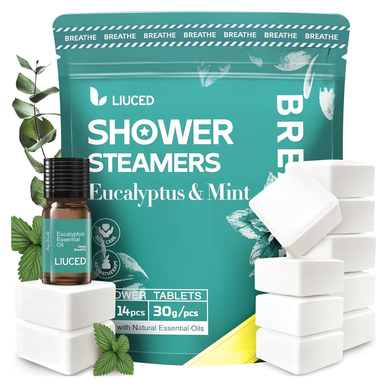 Set de Bombas de Ducha Aromaterapia LIUCED - Eucalipto y Menta, 14 Piezas + 5ml Aceite Esencial