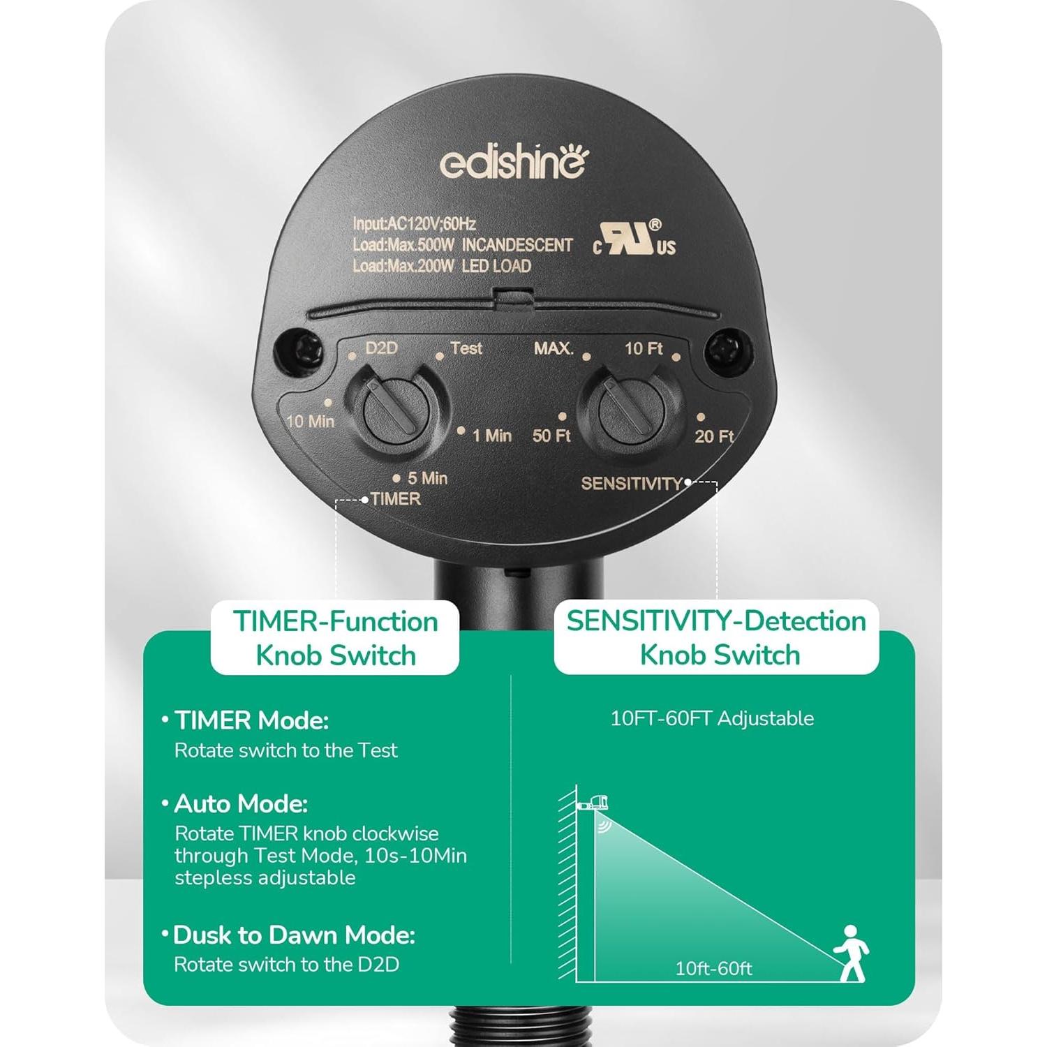 Sensor de Movimiento EDISHINE 180° Ajustable 18.3m Negro