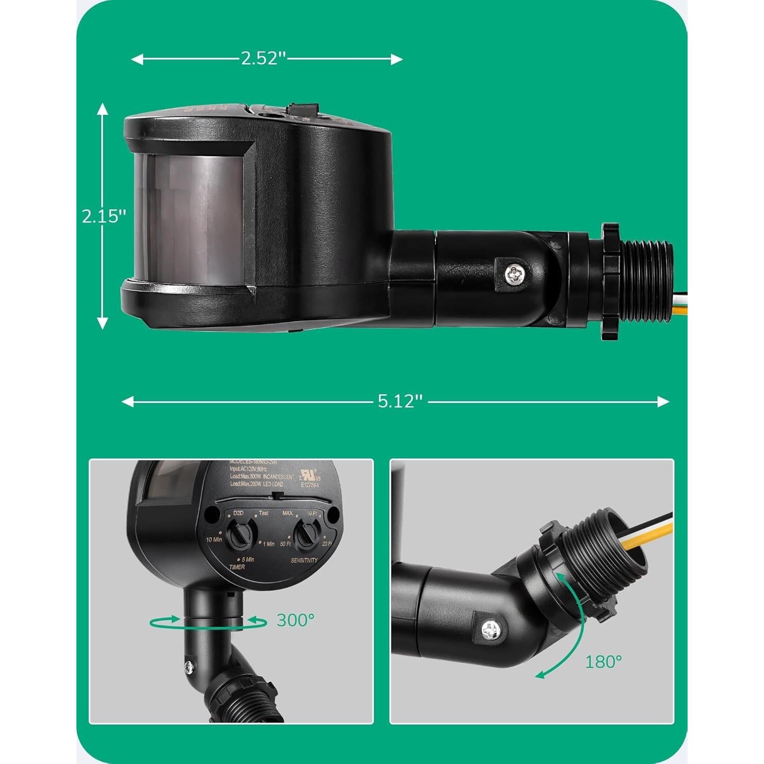 Sensor de Movimiento EDISHINE 180° Ajustable 18.3m Negro