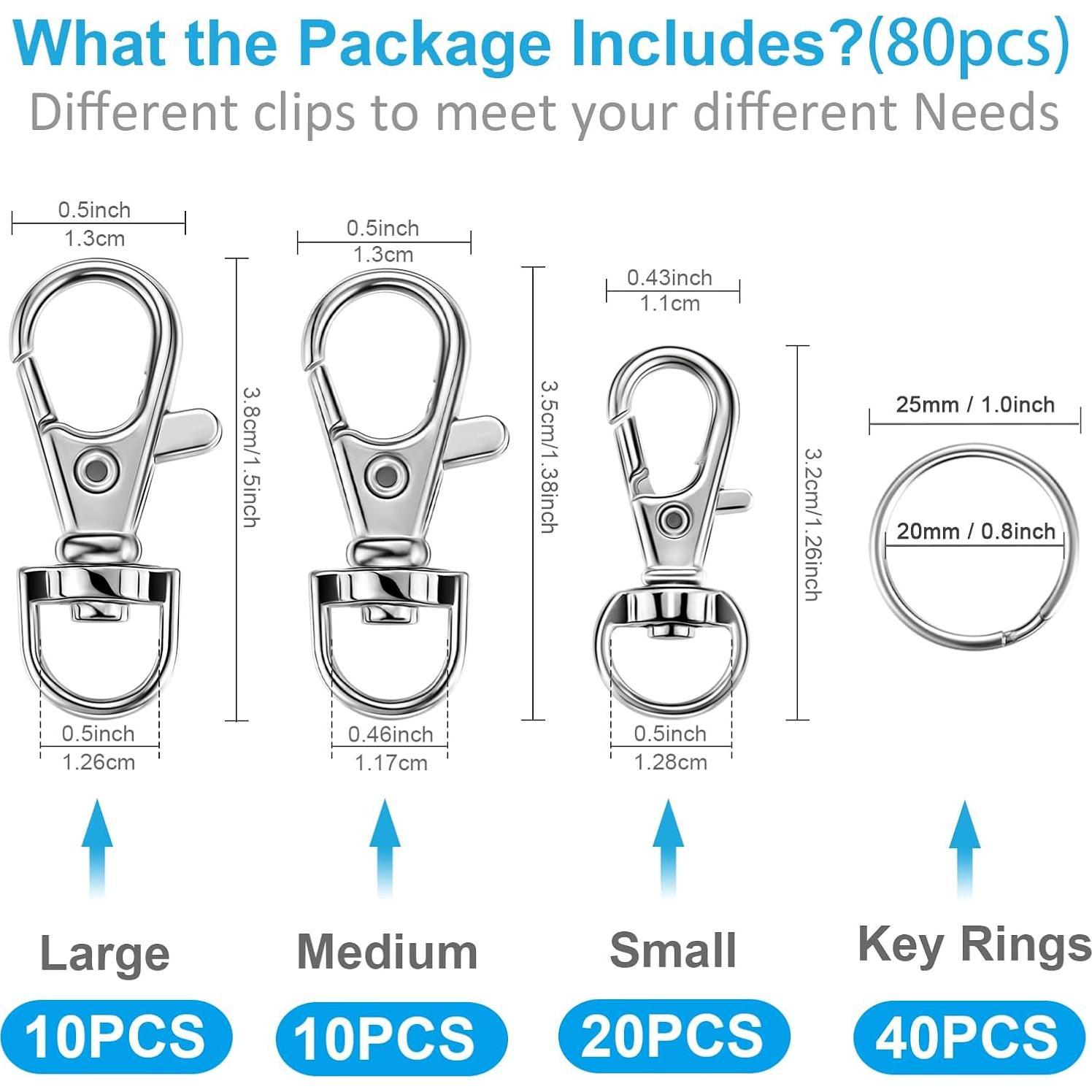 Llavero Clips Giratorios YHYZ 80PCS en 3 Tamaños Plata