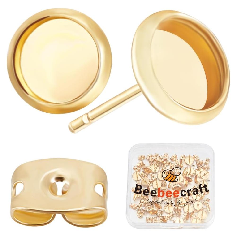 Beebeecraft 50Pcs Hallazgos de Pendientes Stud Oro 18K 6mm