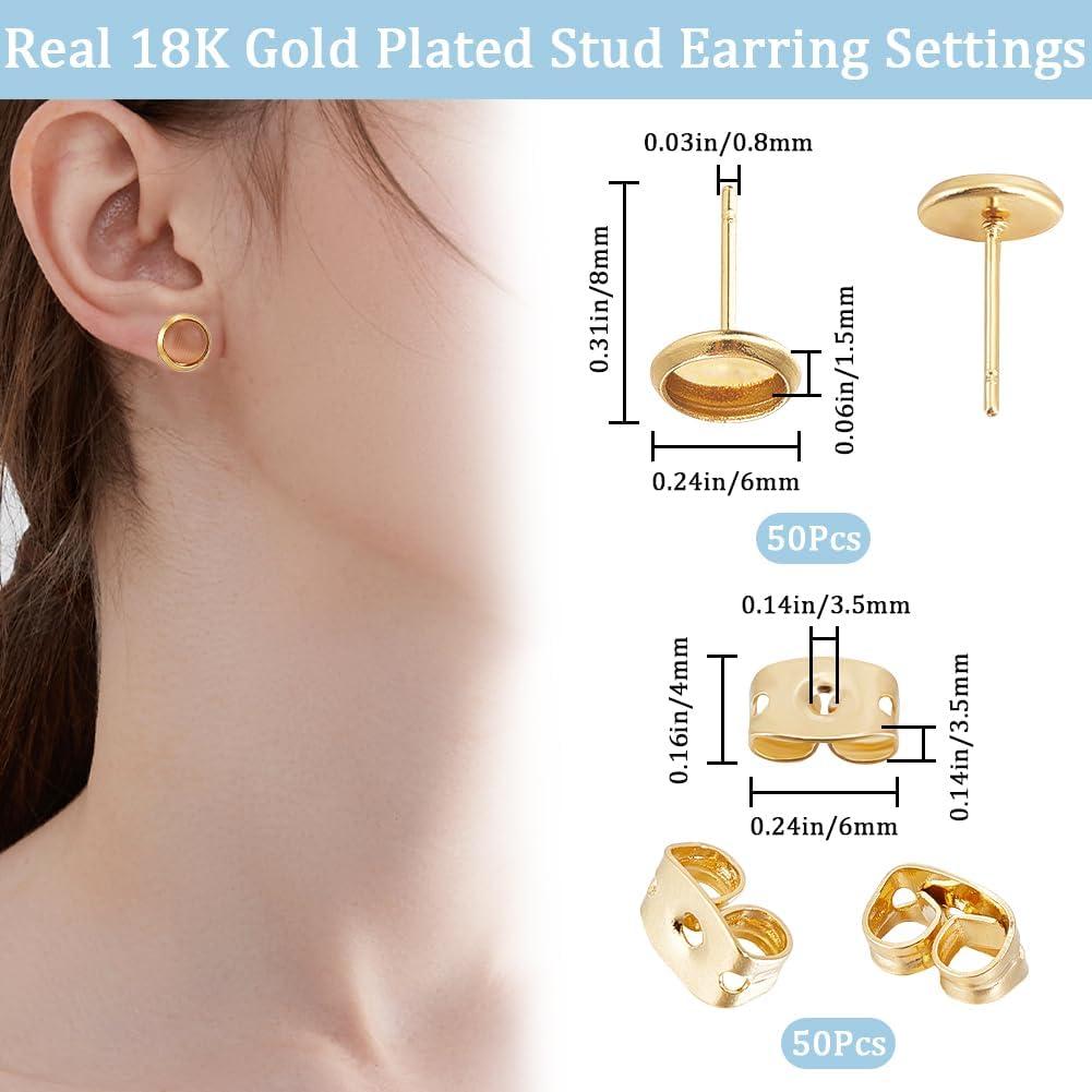 Beebeecraft 50Pcs Hallazgos de Pendientes Stud Oro 18K 6mm
