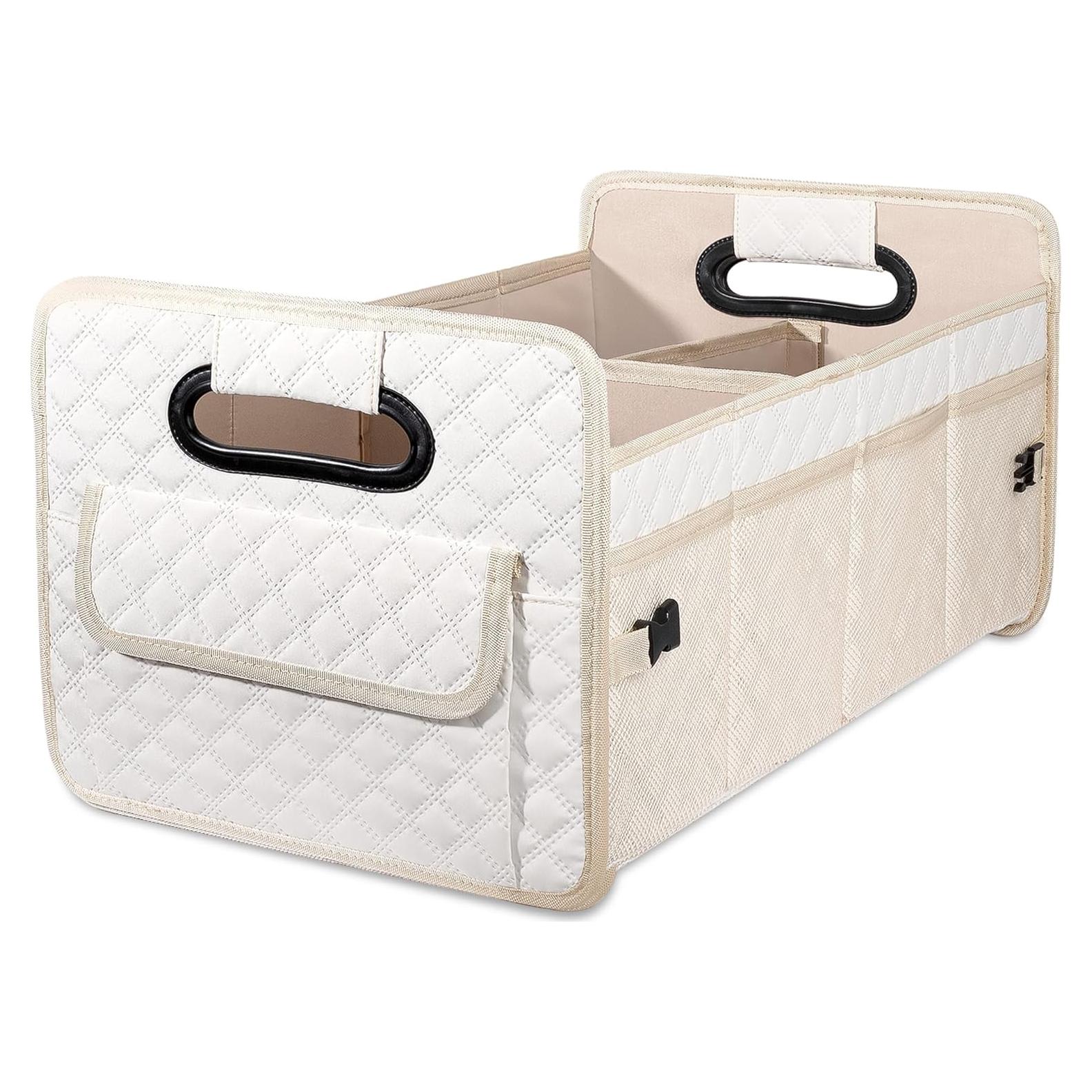 JiatuA Car Trunk Organizer for SUV, Car Storage Organizer Collapsible Multi Compartment Container Box, Adjustable Car Accessories for Women/Men, Large Beige