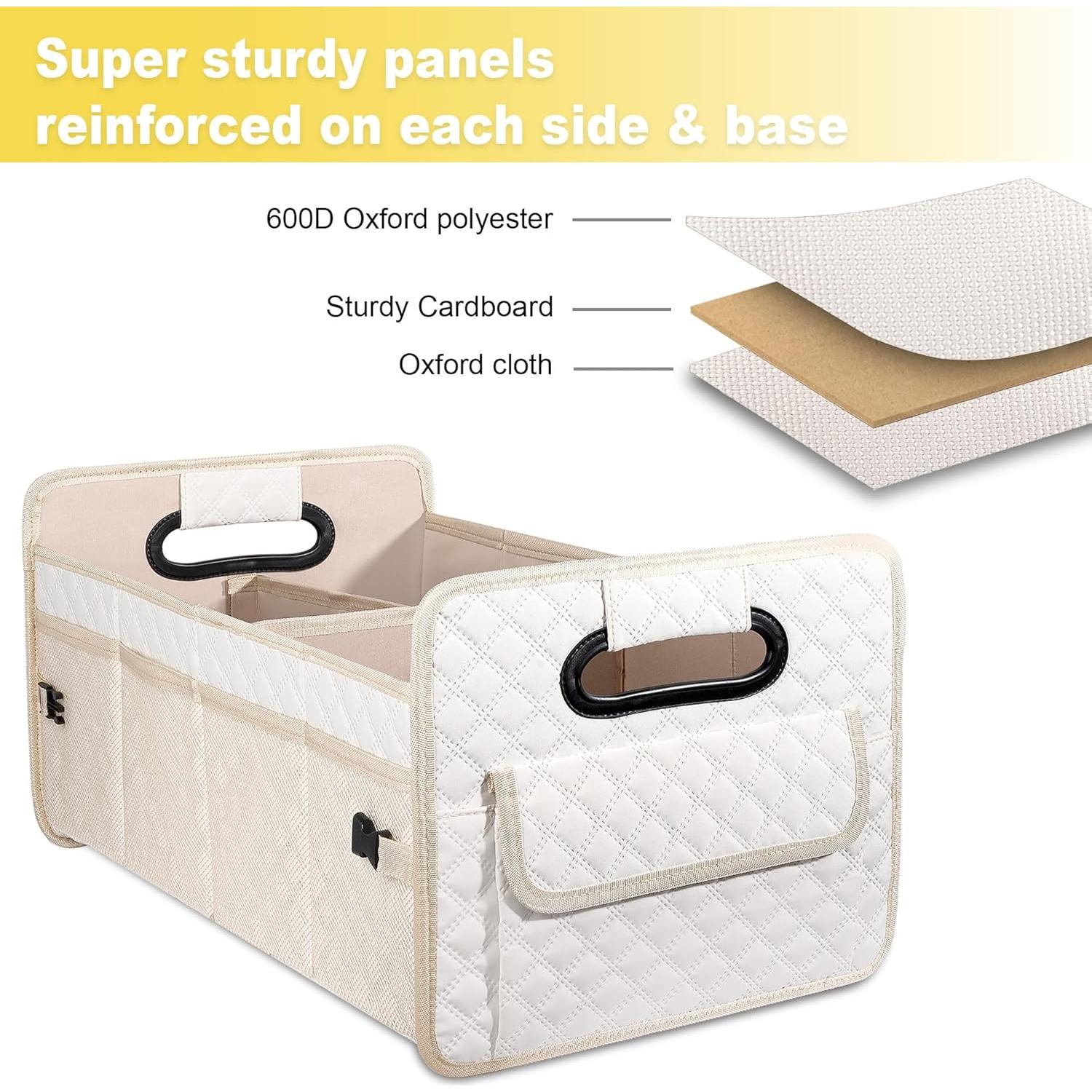 JiatuA Car Trunk Organizer for SUV, Car Storage Organizer Collapsible Multi Compartment Container Box, Adjustable Car Accessories for Women/Men, Large Beige