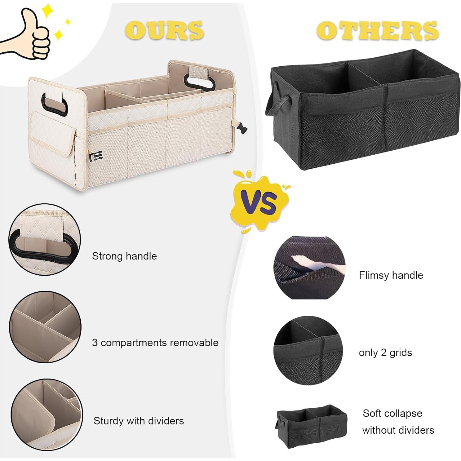 JiatuA Car Trunk Organizer for SUV, Car Storage Organizer Collapsible Multi Compartment Container Box, Adjustable Car Accessories for Women/Men, Large Beige