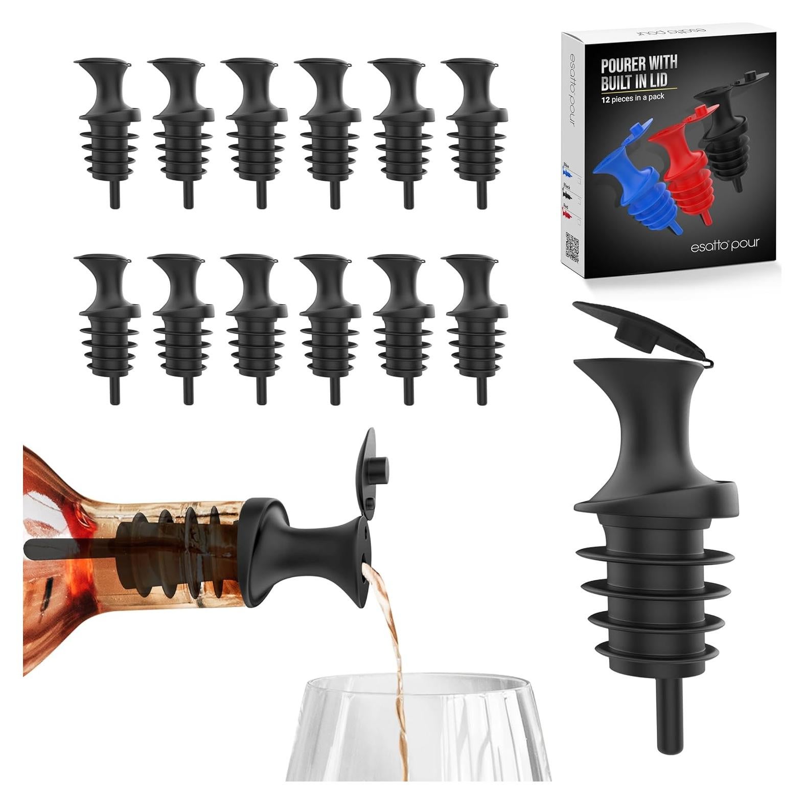 Esatto Pour and Seal, Plastic Bottle Pourers With Built In Lid – Easy and Precise Pouring, Lid for Storing and Healthy Practices, Professional Bar Tool, Pack of 12 Pieces Wine Stopper Pourer (Black)